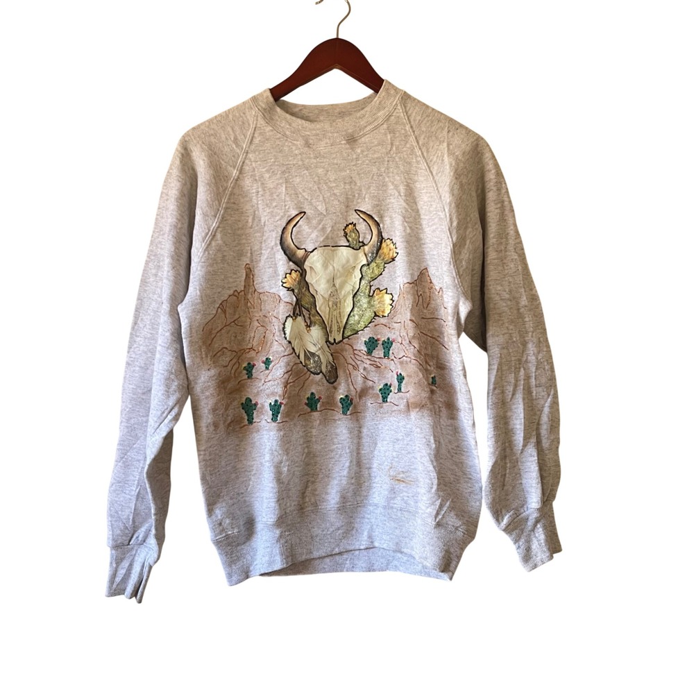 Vintage Southwestern Desert Skull Cactus‎ Graphic Sweatshirt Women's Light Gray